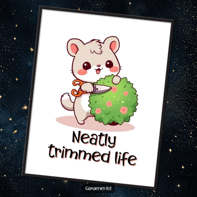 Funny digital art print of a cute animal character happily pruning a bush with tiny shears, conveying a humorous and dedicated gardening mood.