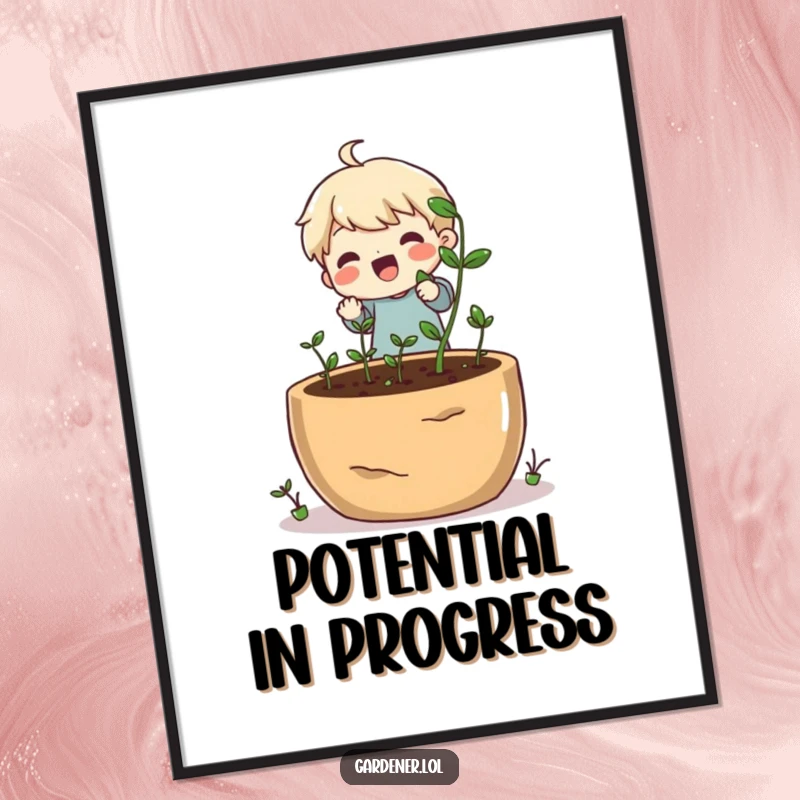 Funny digital art print of a cheerful character planting tiny seeds into a very large pot, garden joy.