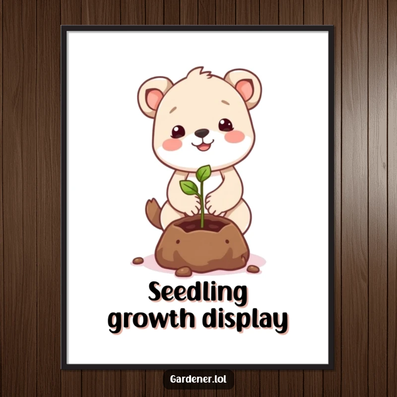 Funny animal character digital art print planting a smiling seed, ready to hang for instant joy.