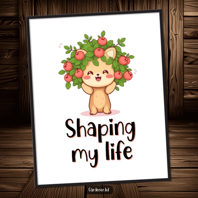 Funny digital art print of a cheerful animal character pruning a small, friendly bush, adding a humorous and tranquil garden theme.