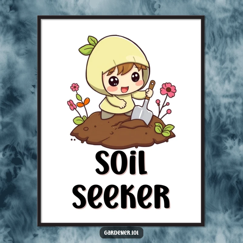 Funny digital art print of a character excitedly digging in the soil with a small shovel, perfect for energetic decoration.