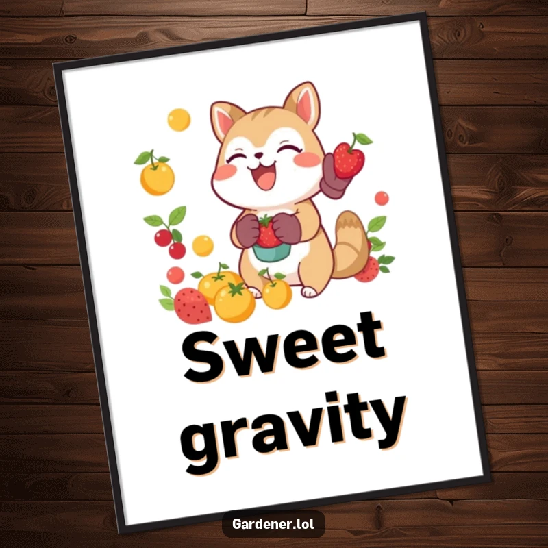 Funny joyful animal catching falling fruit with gardening gloves, printable digital art, whimsical harvest decor.