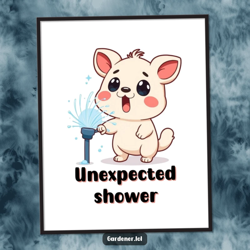 Funny digital art print of a surprised animal character playfully sprayed by a lawn sprinkler, capturing a moment of wet fun.