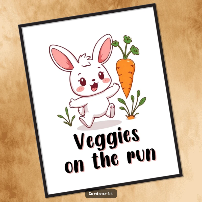 Funny Kawaii Bunny Art Print: Surprised bunny gardener hops from a rogue hopping carrot, a humorous and cute design celebrating garden antics, downloadable for instant decor and a great gift.