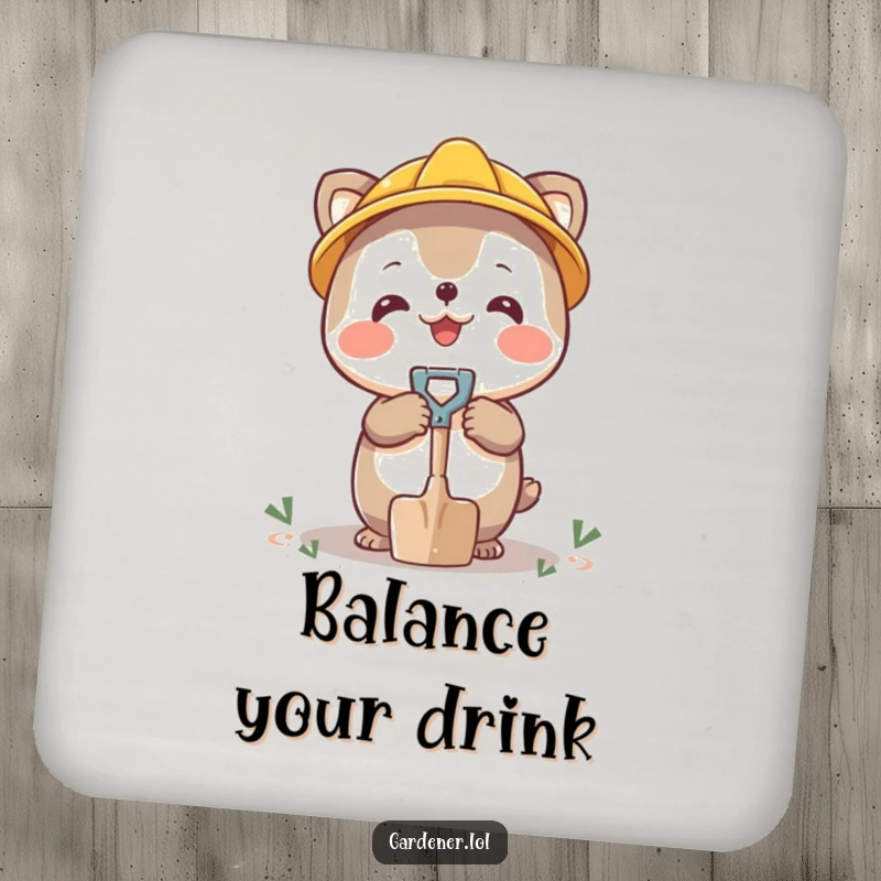 Funny coaster with a happy character balancing a tiny shovel on its nose, delightful character decor.