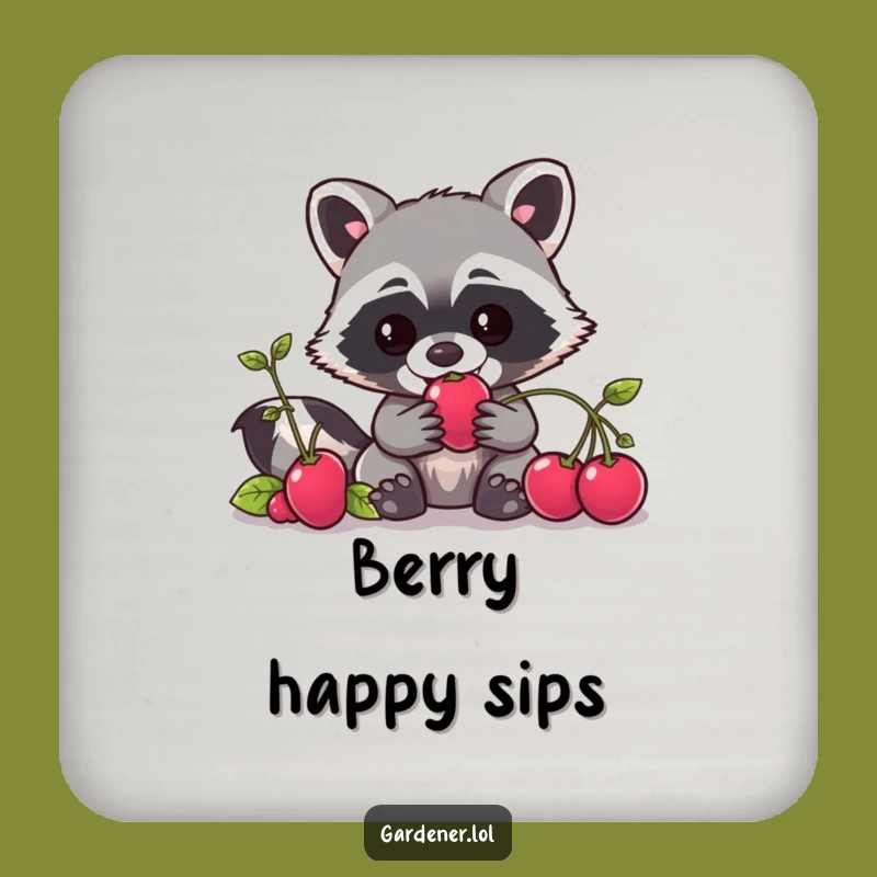 Funny Kawaii Raccoon Gardener Coaster, Mischievous Berry Protector, Tiny Gift