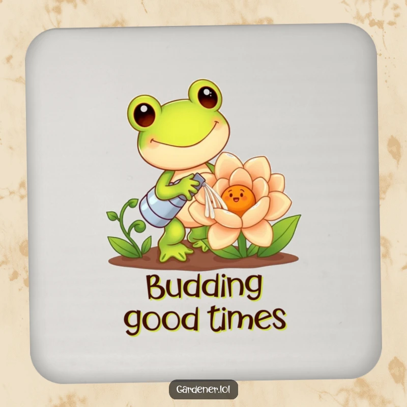 Funny Kawaii Frog Coasters: Frog gardener watering a giant smiling flower, offering humorous protection for tables and a delightful funny gift.