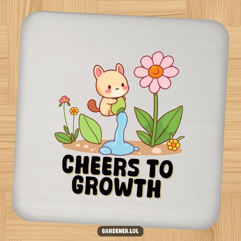 Funny drink coaster with a small animal character joyfully watering a comically large flower, protecting surfaces with blooming humor.