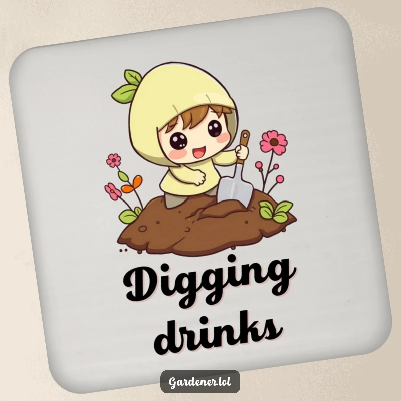 Funny coaster featuring a character excitedly digging in the soil with a small shovel, providing protection with garden humor.