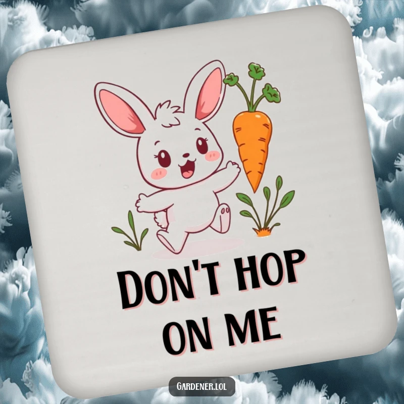 Funny Kawaii Bunny Coasters: Bunny gardener running from a hopping carrot, offering humorous protection for tables and a delightful funny gift.