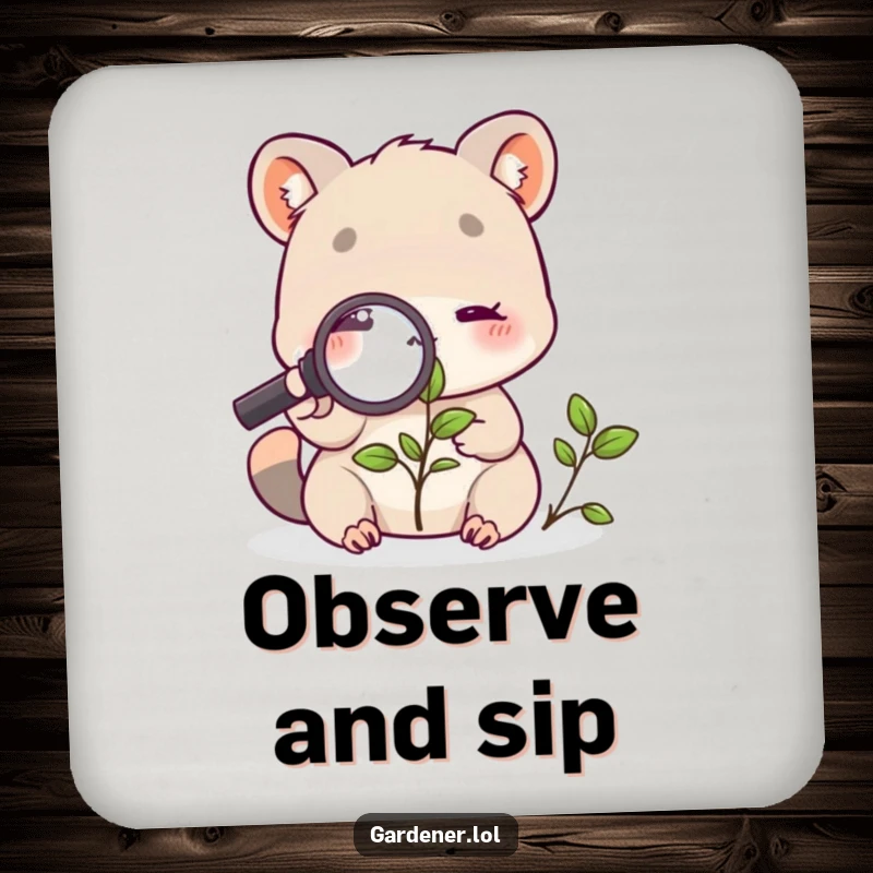 Funny drink coaster with a cute animal character using a magnifying glass to examine a plant, offering a humorous touch to table protection.