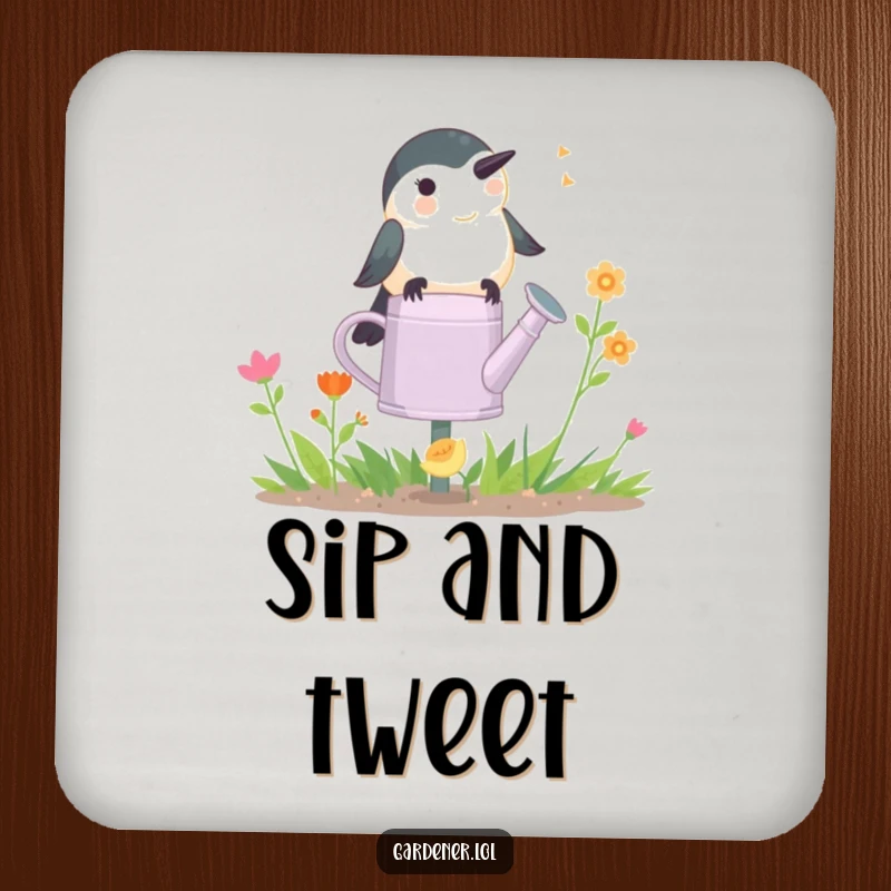 Funny Chickadee Gardener Drink Coasters: A happy chickadee chirps on a watering can, providing protection and humor for your drinks.