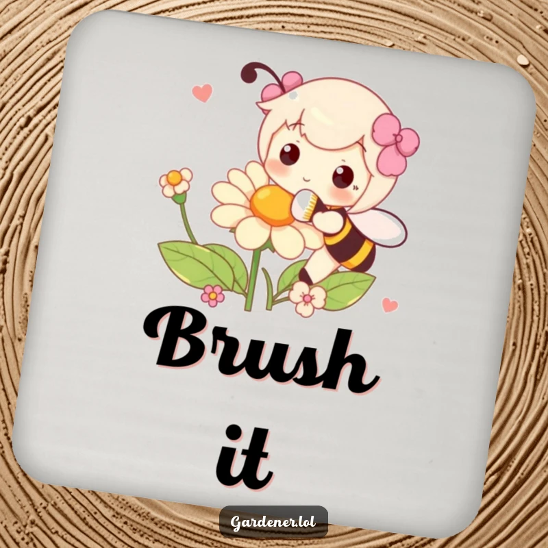Funny coaster featuring a character playfully pollinating a flower with a fluffy brush, providing protection with nature's art.