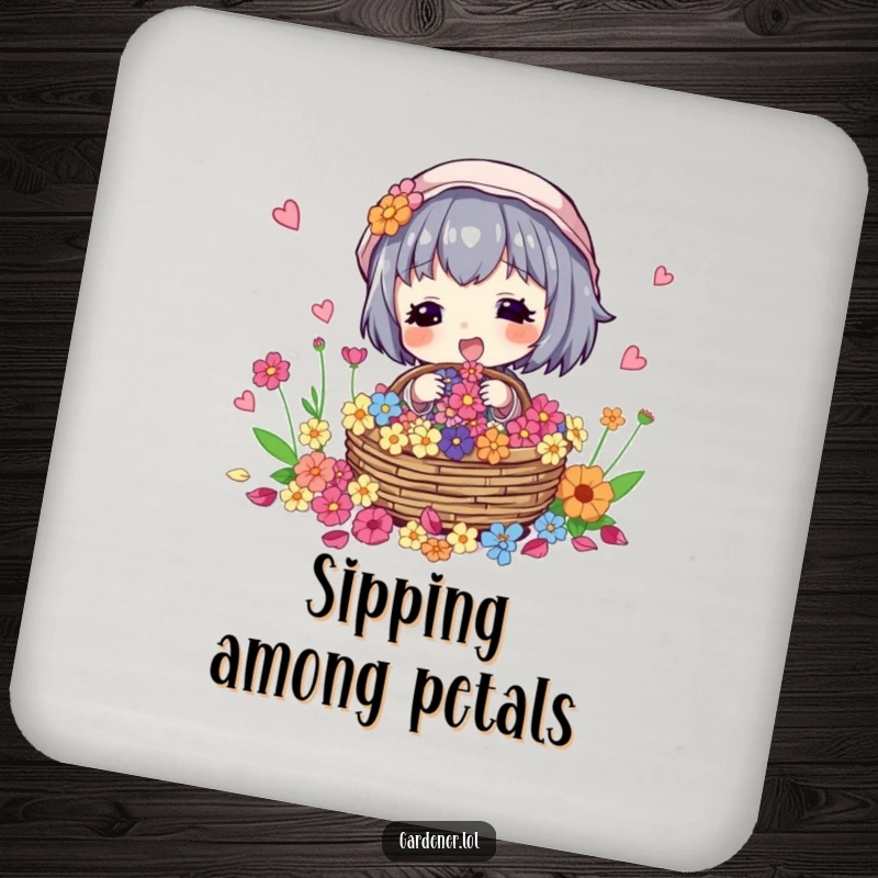 Funny drink coasters with a character excitedly gathering flower petals into a basket, protecting surfaces.