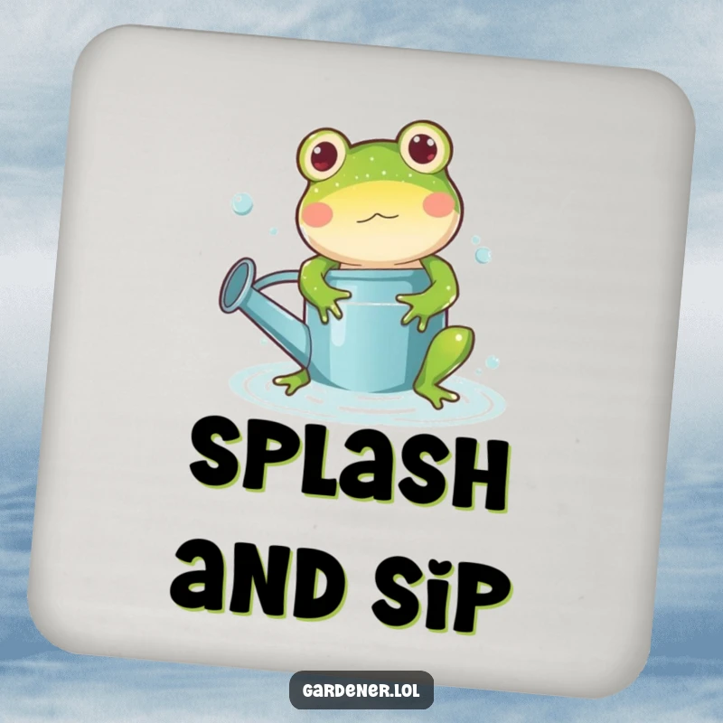 Funny frog watering can coaster, a playful cartoon frog character splashing in a watering can, bringing wet fun and protecting surfaces.