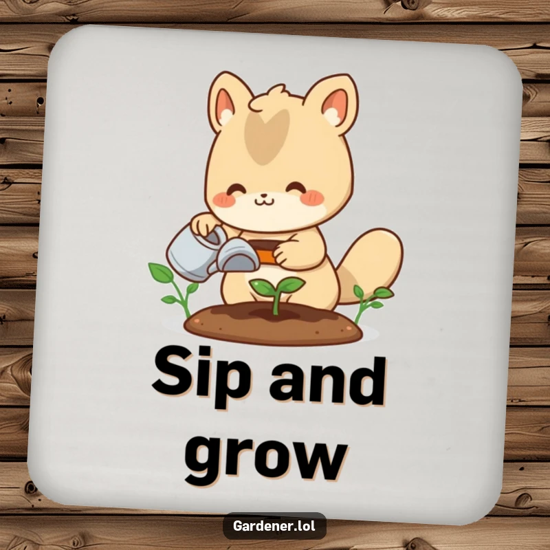 Funny drink coaster: A happy animal gardener waters a tiny sprout, protecting surfaces with a charming and humorous design.