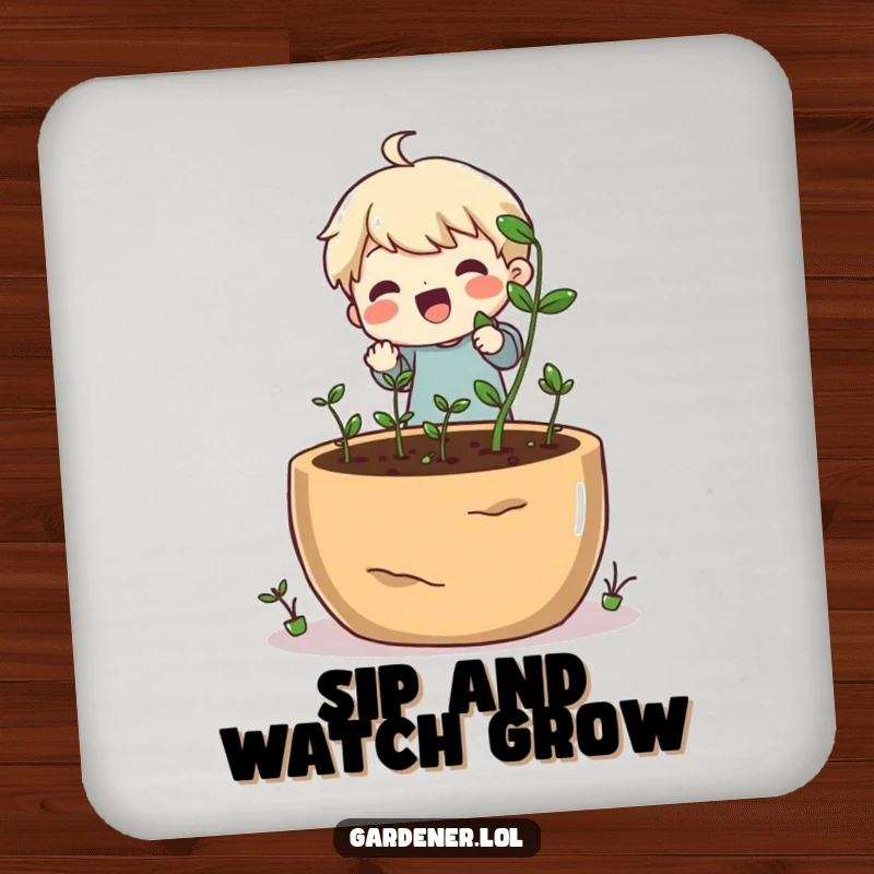 Funny coaster with a happy character planting small seeds into a giant pot, delightful garden decor.
