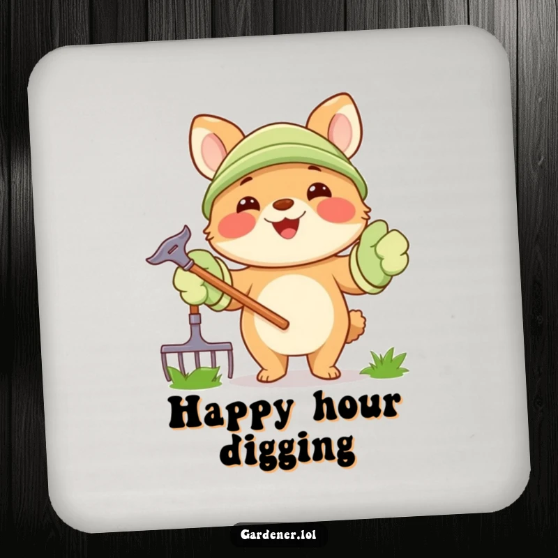 Funny Coaster: A happy animal character holds a rake, wearing oversized gardening gloves, adding a cheerful garden touch.
