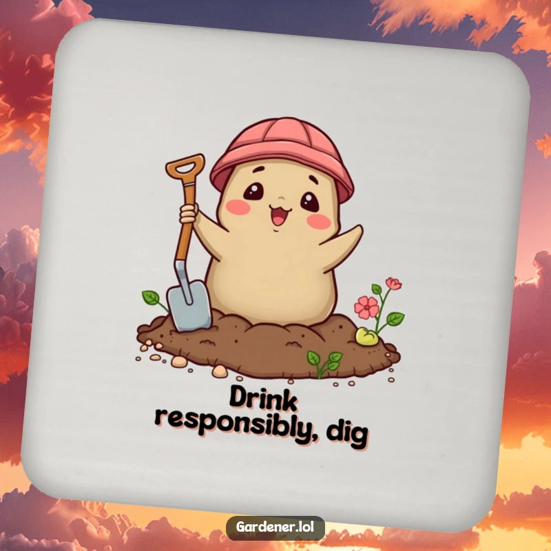 Funny Kawaii mole gardener coaster featuring a delighted character emerging from soil with a trowel, for surface protection.