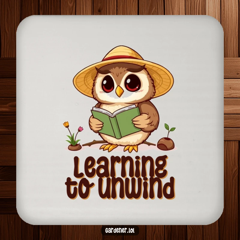 Funny Kawaii owl gardener drink coaster, featuring a wise owl reading a gardening book, adding intellectual humor to your table.