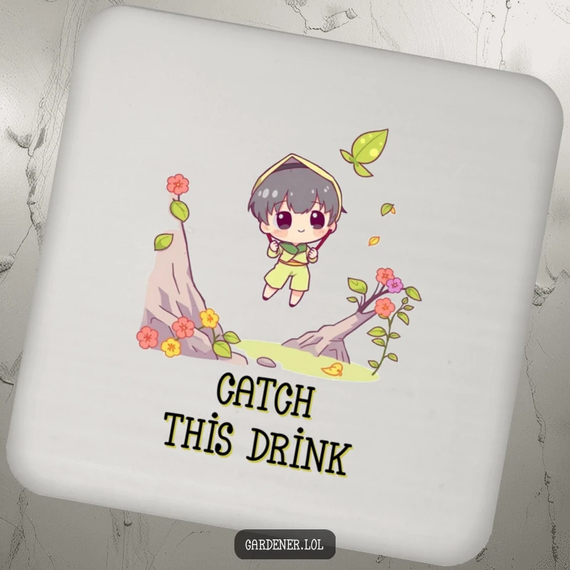 Funny drink coaster with a character trying to catch a falling leaf with a butterfly net. A whimsical and practical funny gift.