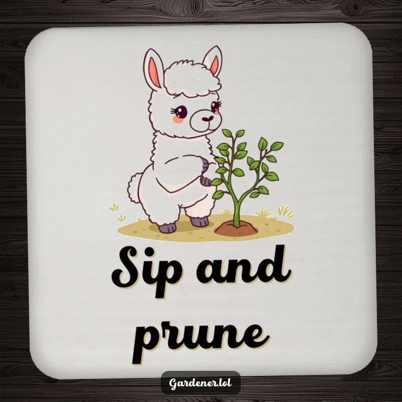 Funny Llama Gardener Coasters: A set of coasters displaying a llama gardener meticulously pruning a miniature tree, offering protection and humor.