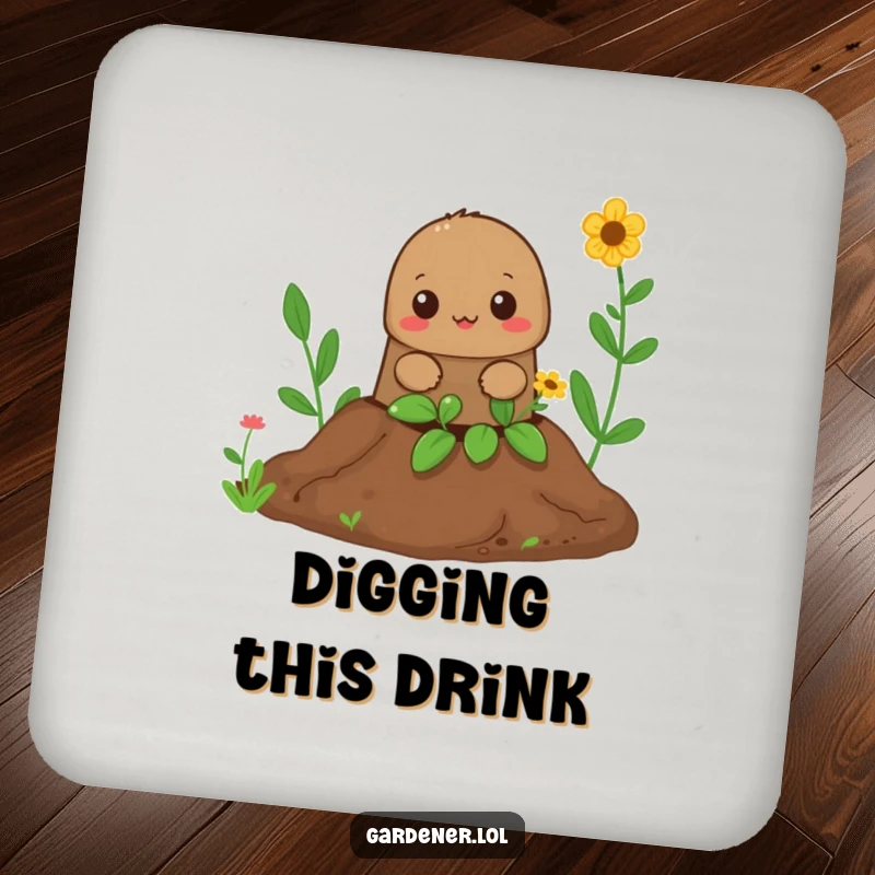 Funny Mole Gardener Drink Coasters: A curious mole peeks from a hole, providing protection and humor for your drinks.