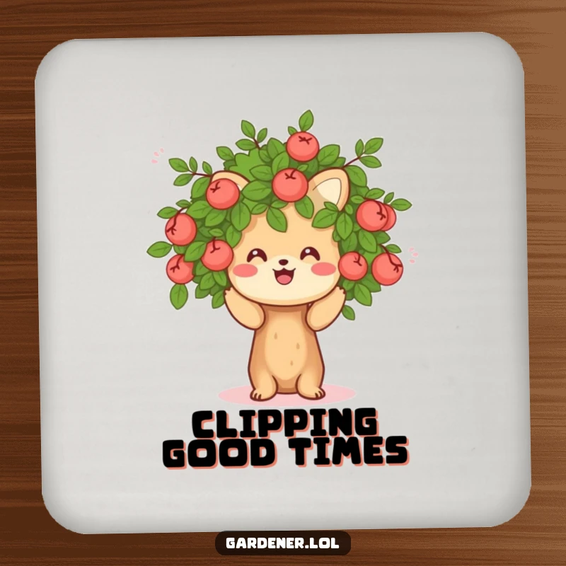 Funny drink coaster with a cheerful animal character pruning a small, friendly bush, offering surface protection with a smile.