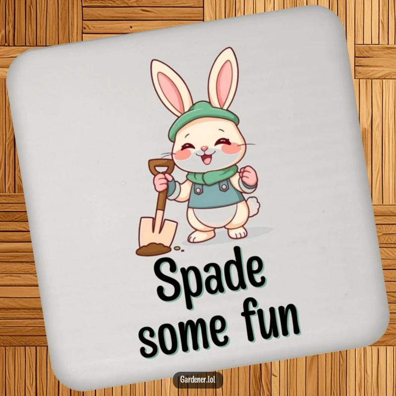 Funny rabbit gardener coaster with a giggling bunny in gardening gloves holding a spade, a charming table protector.