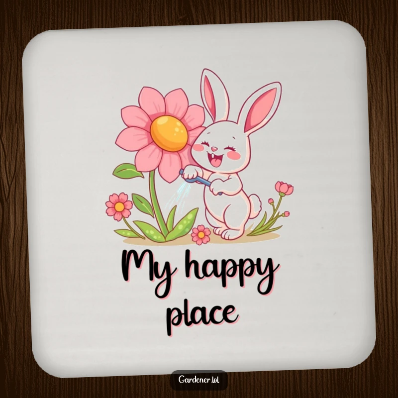 Funny drink coaster with a happy rabbit character gleefully watering a giant, smiling flower, offering humorous surface protection for your home.