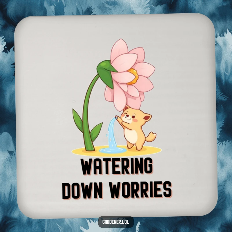 Funny drink coaster with a cute animal character joyfully watering a giant, dancing flower, protecting surfaces humorously.