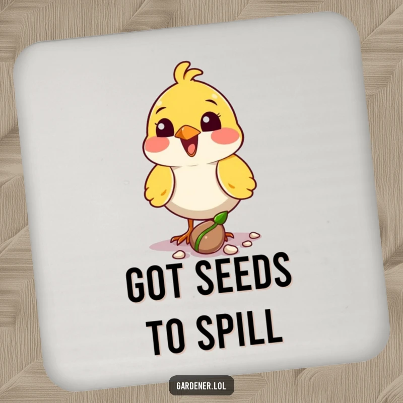Funny bird planter coaster featuring a delighted character planting a seed with its beak, a charming decor piece.