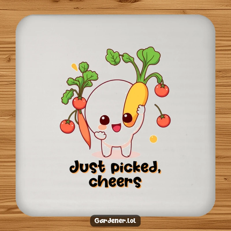 Funny Coasters: A character beams holding a freshly picked, vibrant vegetable, adding a touch of garden humor to drink surfaces.