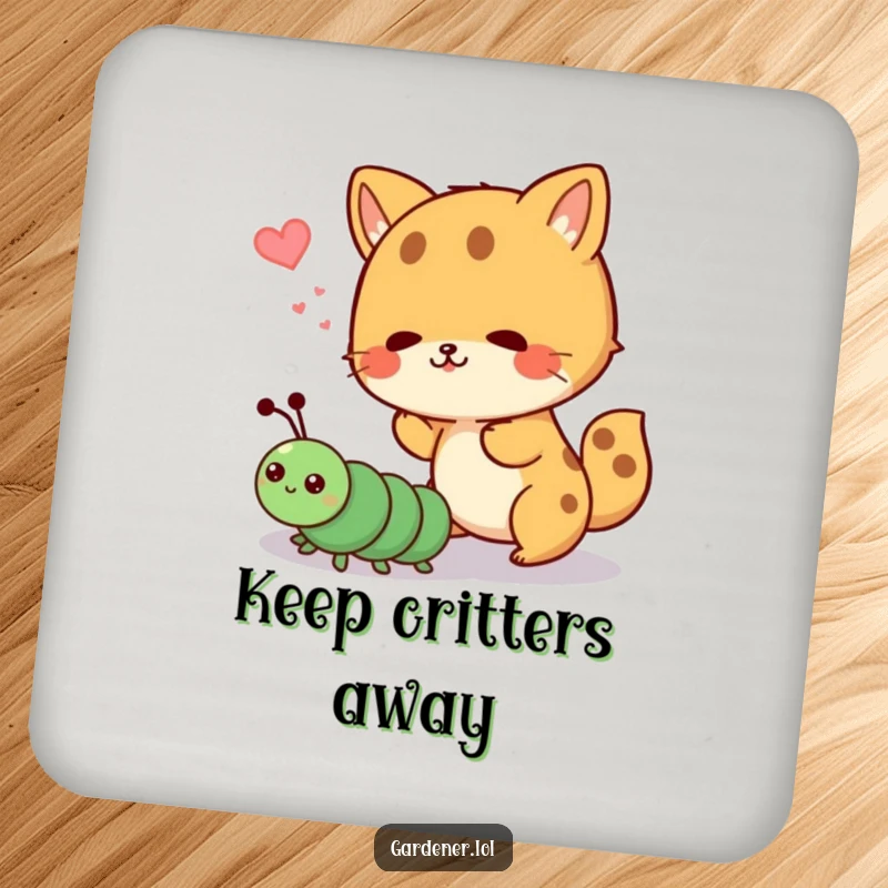 Funny drink coaster showing a cute animal character playfully shooing away a cartoon caterpillar, protecting surfaces with humor.