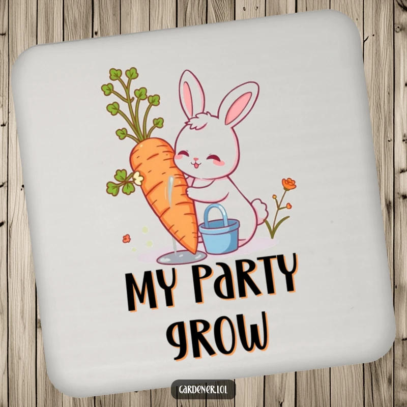 Funny cute bunny watering a giant carrot, a humorous gardening-themed drink coaster.