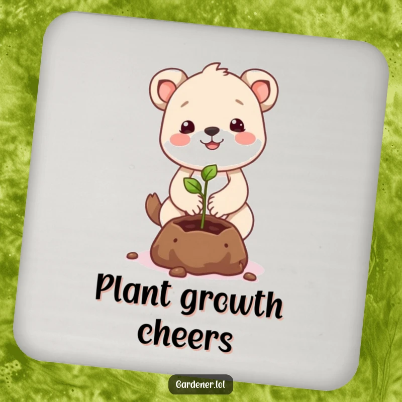 Funny animal character drink coasters planting a smiling seed, protecting surfaces with gentle humor.