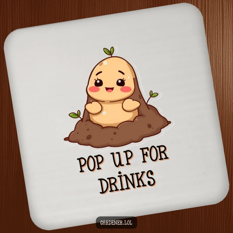 Funny mole soil coaster, a cheerful cartoon mole character popping its head out of rich soil, bringing earthy charm and protecting surfaces.