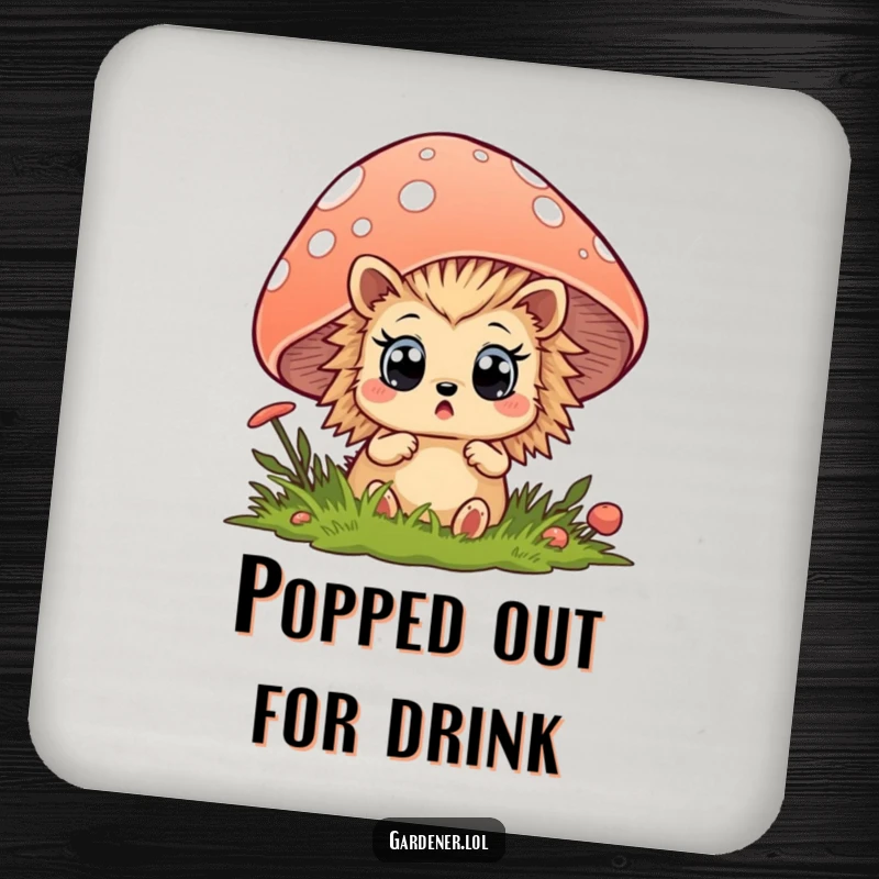 Funny hedgehog coaster featuring a surprised animal peeking from behind a mushroom, a humorous addition to any table.