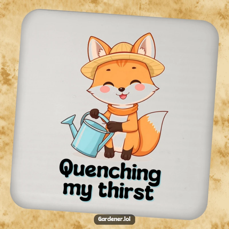 Funny fox with a straw hat and watering can, designed as a protective and funny coaster.