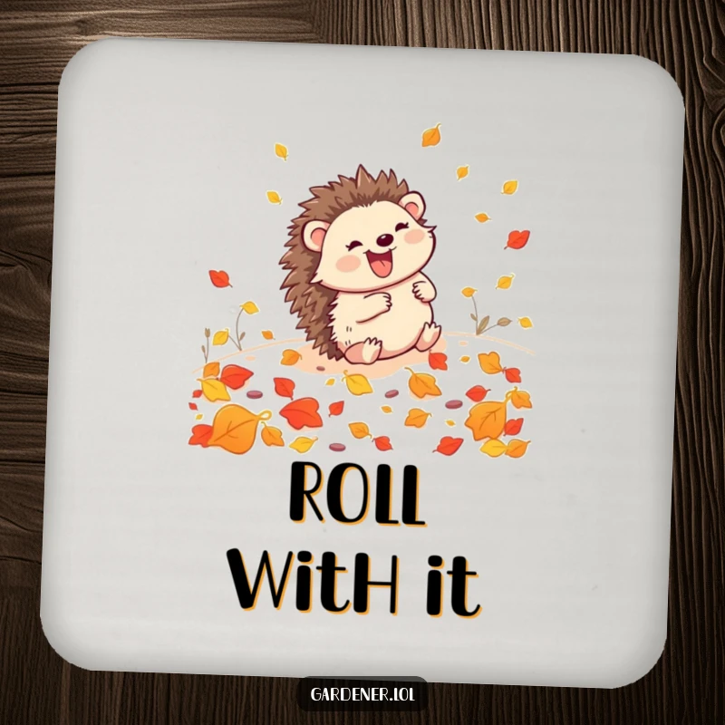Funny Hedgehog Gardener Drink Coasters: A joyful hedgehog rolls in leaves, providing protection and humor for your drinks.