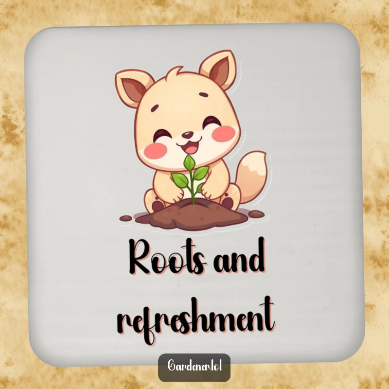 Funny happy animal planting a tiny seedling with a big smile, protective drink coaster, whimsical garden accessory.