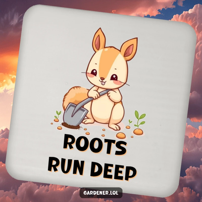 Funny squirrel planting seeds with a tiny shovel, designed as a protective and funny coaster.