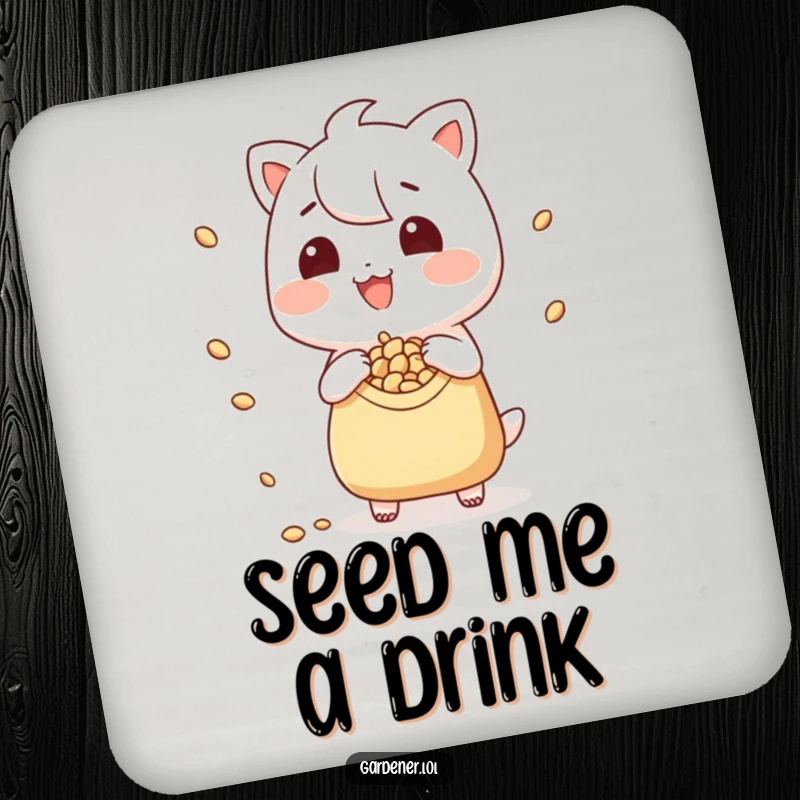 Funny drink coaster featuring a grinning character scattering seeds, adding a humorous touch to any surface.