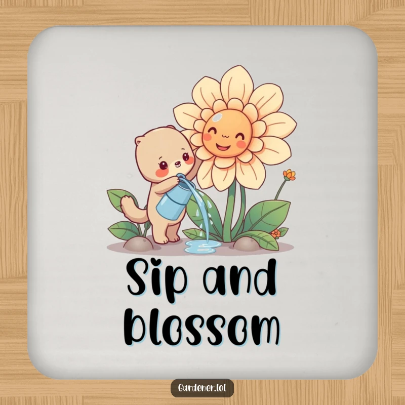 Funny cute animal watering a giant smiling flower, protective drink coaster, whimsical gardening accessory.