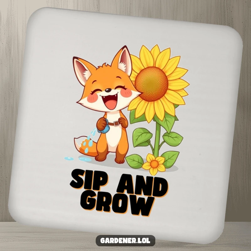 Funny drink coaster with an excited fox watering a giant sunflower with glee, protecting surfaces with humorous charm.
