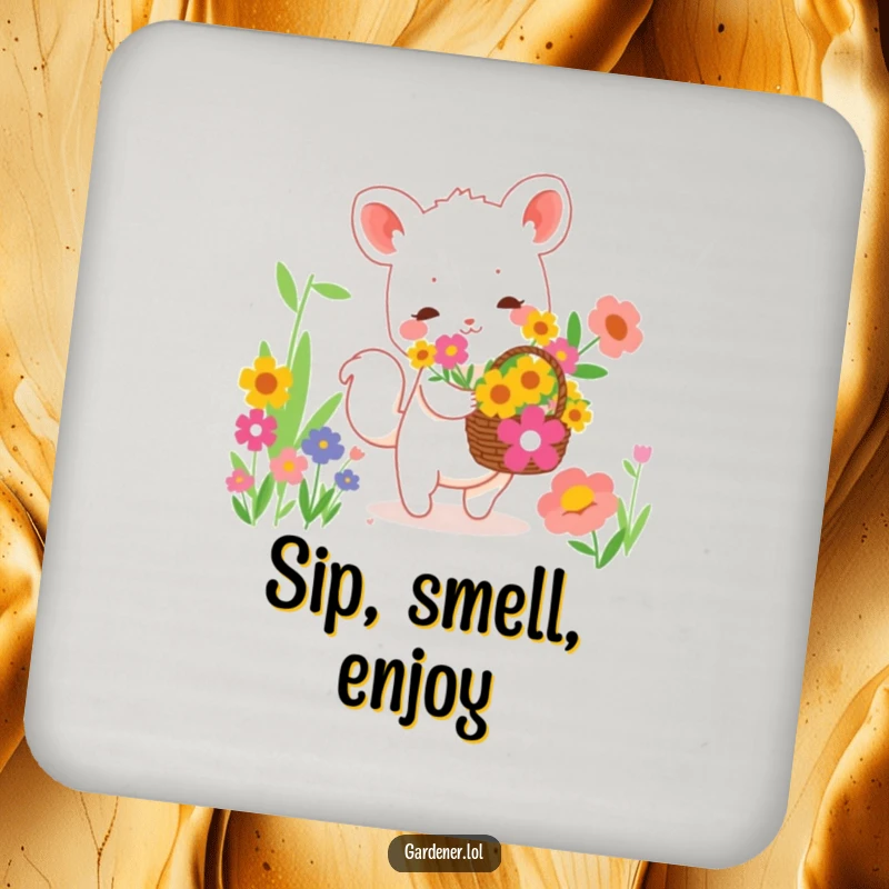 Funny drink coaster showing a cute animal character happily collecting vibrant flowers in a basket, protecting surfaces with humor.
