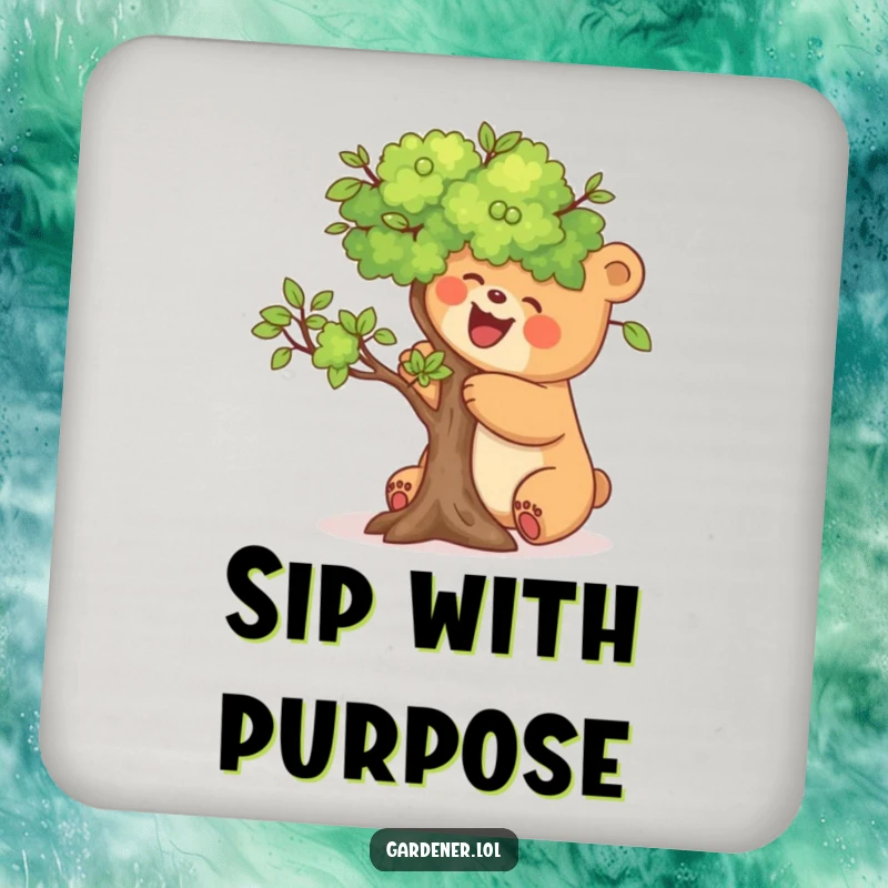 Funny drink coaster with a joyful bear carefully pruning a miniature tree, protecting surfaces with calm charm.