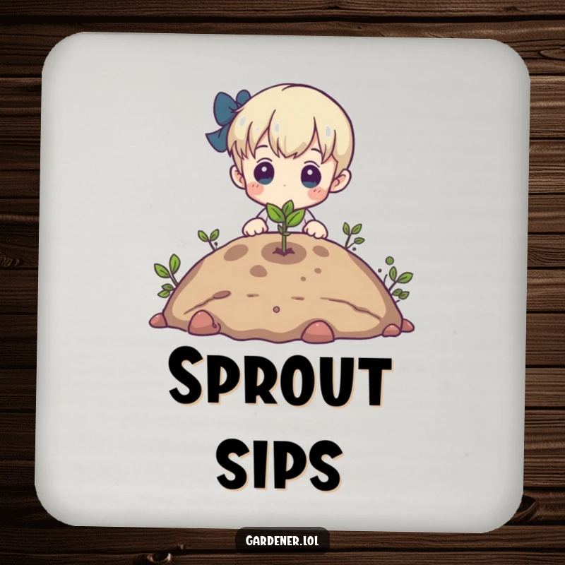 Funny coaster featuring a character admiring a tiny sprout emerging from the earth, providing protection with hopeful humor.
