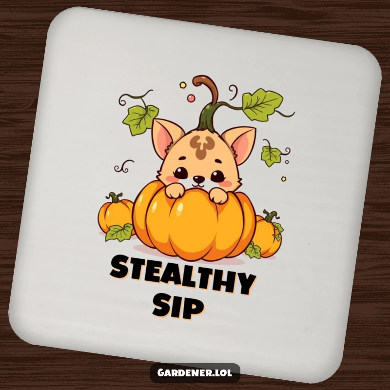 Funny drink coaster featuring a mischievous animal character hiding behind a large pumpkin, adding playful secrecy and fall humor.