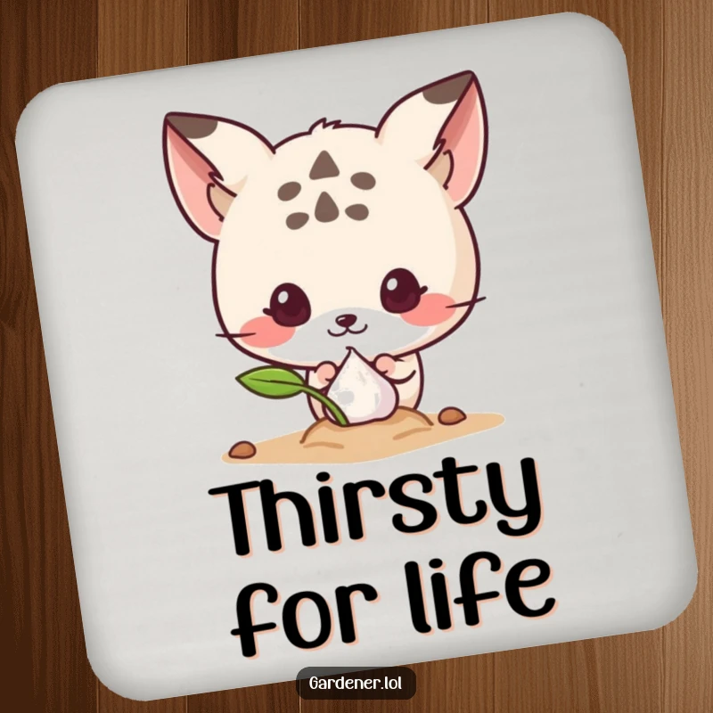 Funny drink coaster with a cute animal character curiously peeking at a sprouting seed, ideal for protecting surfaces with humor.